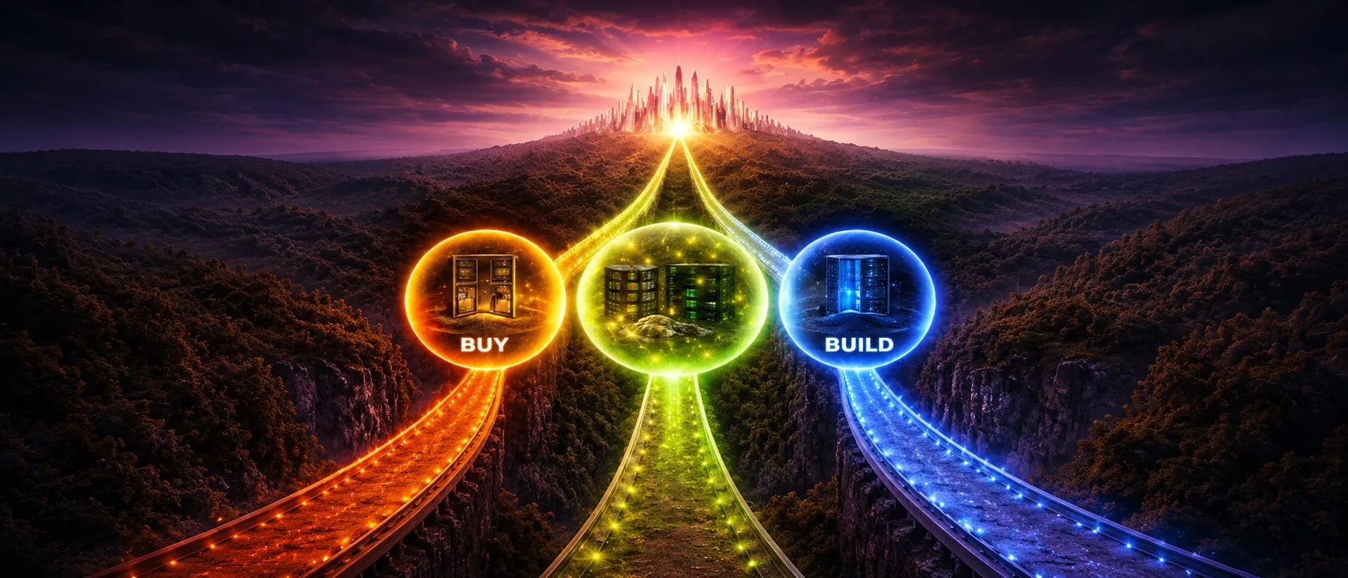 Three glowing roads — orange Buy on the left, a green server-filled center path, and blue Build on the right — all carving through dark forested canyons toward a luminous crystalline city on the horizon at sunset