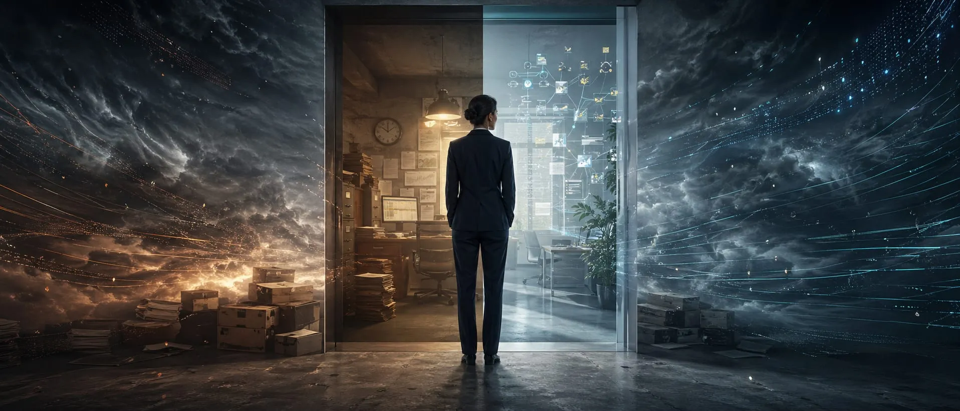 Person in suit standing in doorway between chaotic paper-stacked office on left and clean digital workspace on right